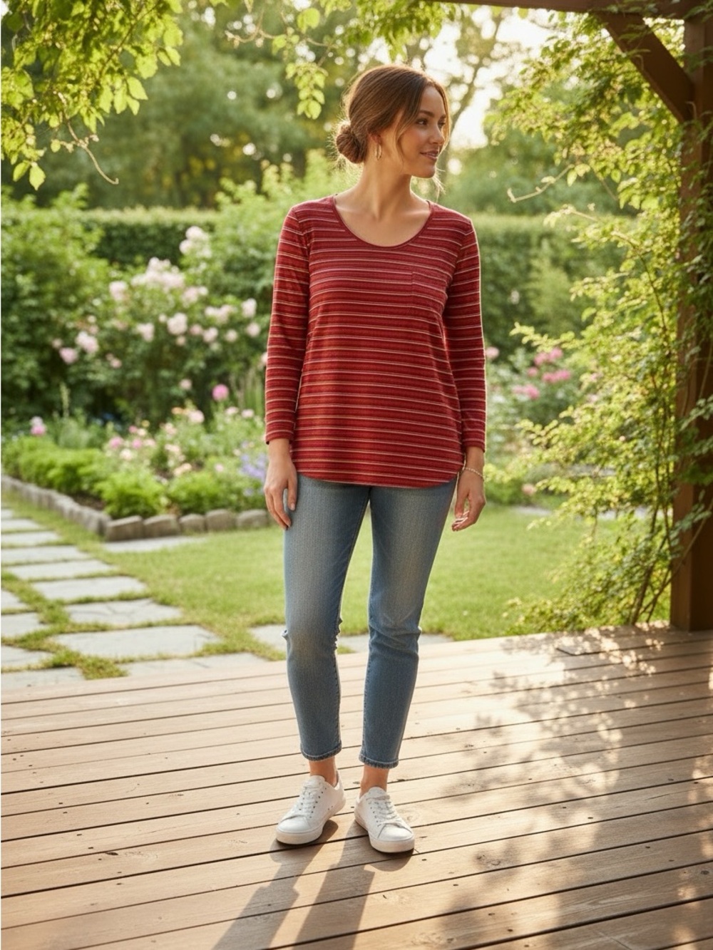 👛(ANY 2/$15) JOE FRESH Boyfriend Red|White Horizontal  Striped Long Sleeved Tee